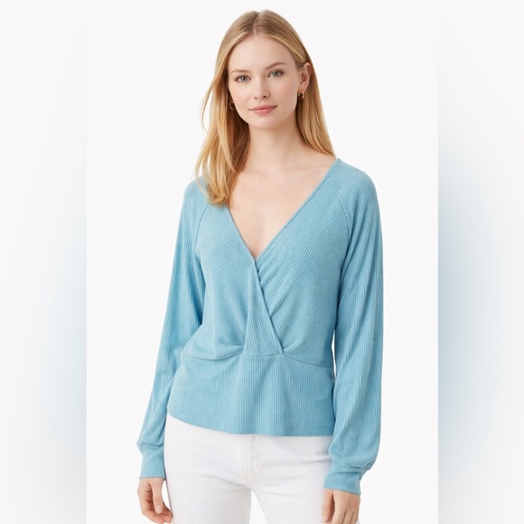 By Anthropologie Tops - NWT By Anthropologie ribbed wrap front surplice balloon sleeve long sleeve top L